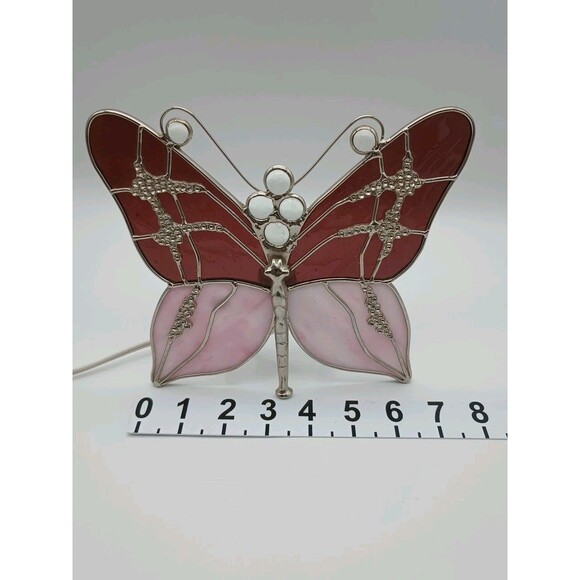 Stained Glass Purple & Pink Butterfly Night Light 7"x8" Silver Accents H6 - Picture 3 of 9